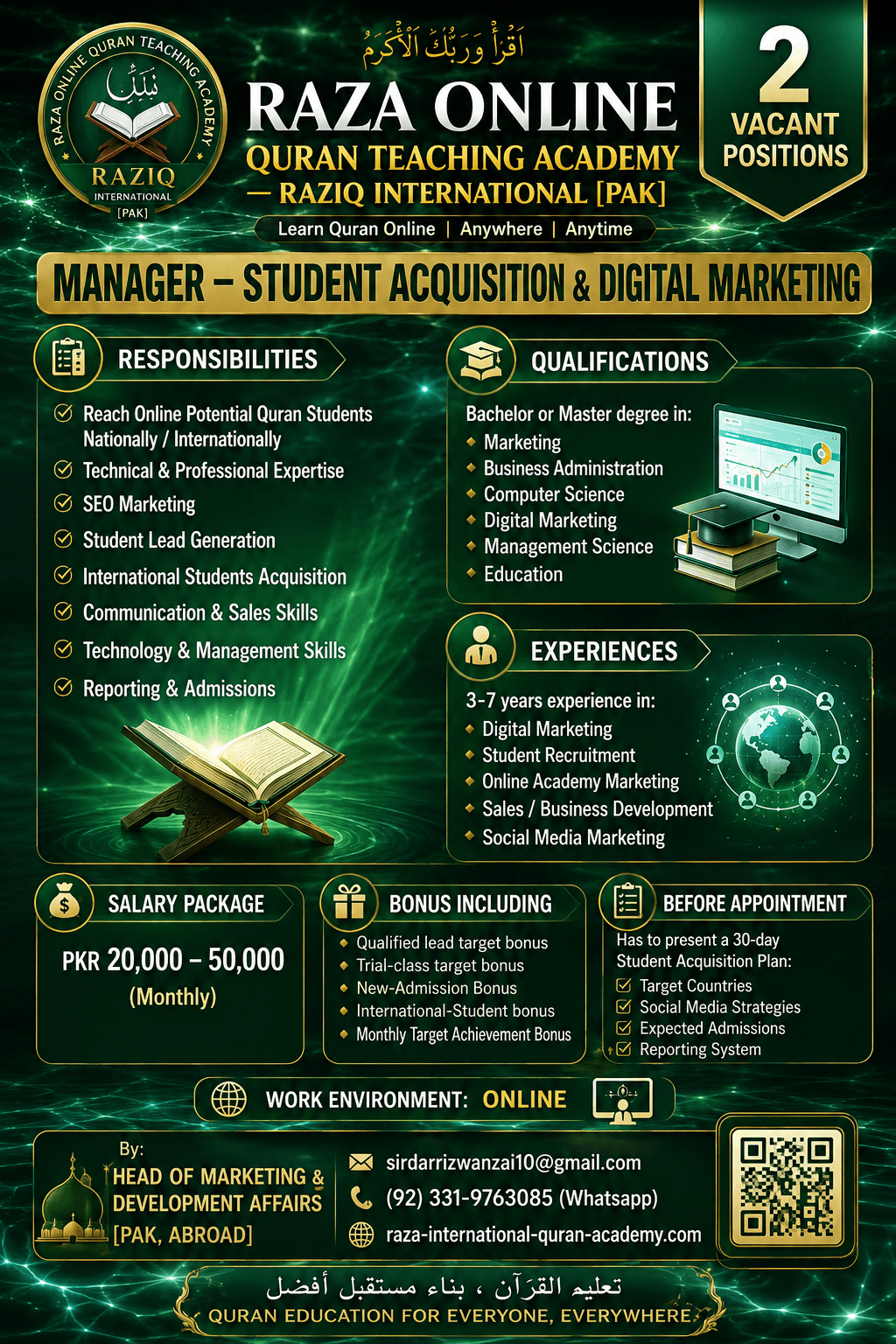 Raza Online Quran Teaching Academy advertisement for Manager Student Acquisition and Digital Marketing with two vacant positions